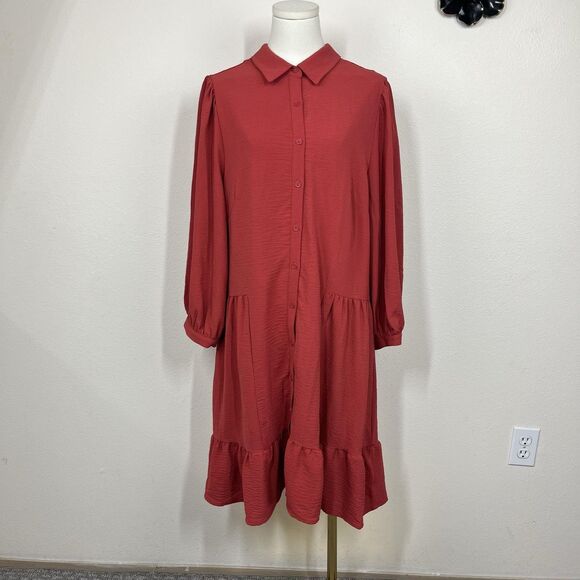 Tahari Dresses & Skirts - Tahari Arthur S Levine Shirt Dress Womens 14 Red Tiered Ruffle Hem